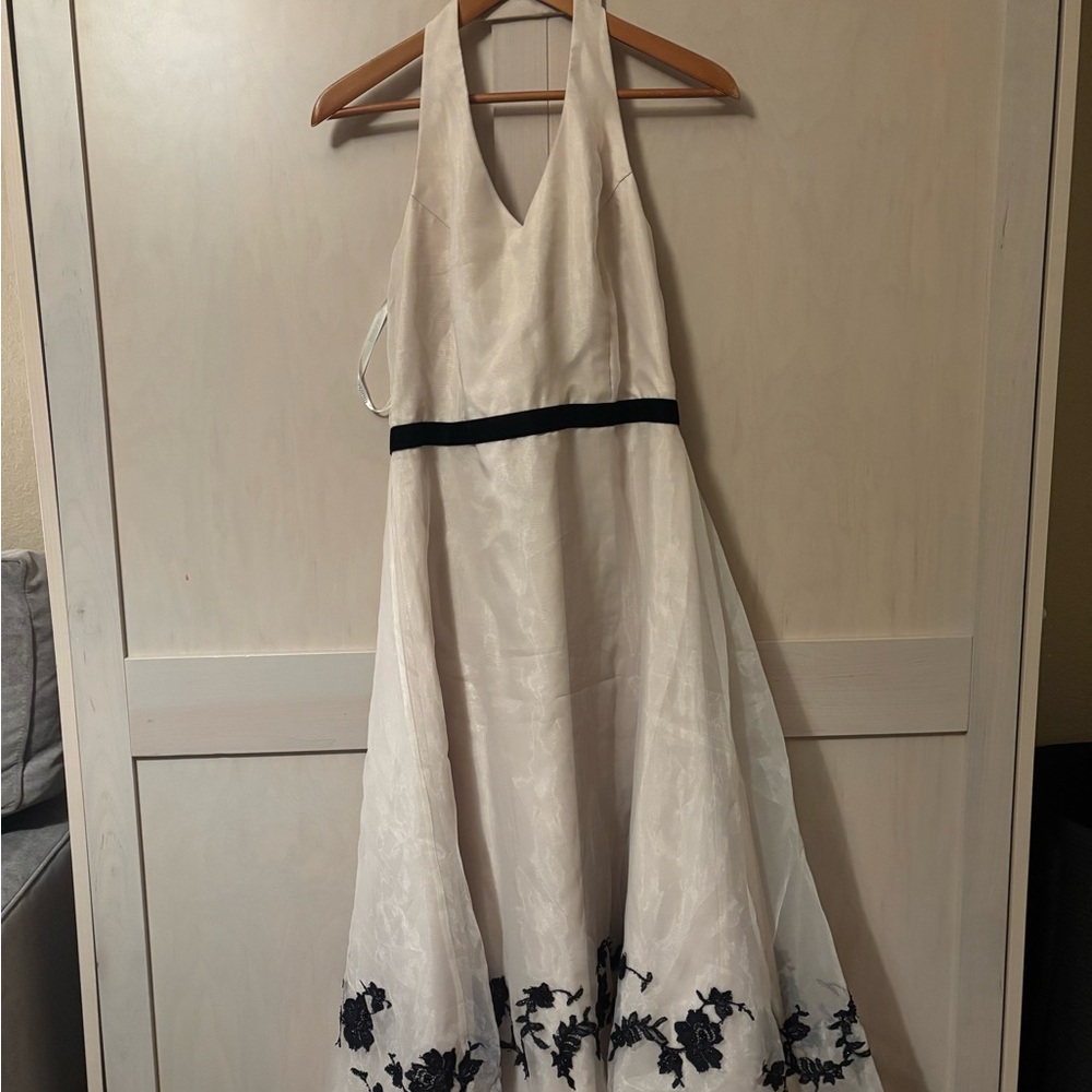 David's Bridal Cream and Black Dress